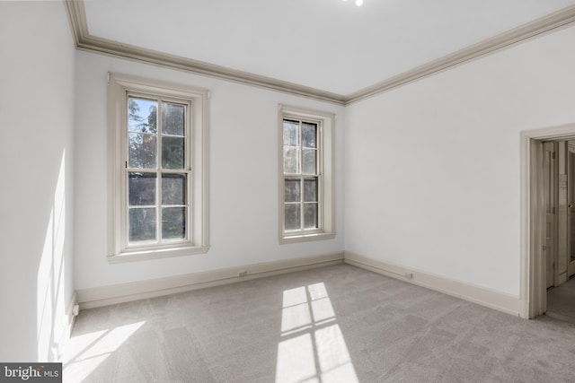 spare room featuring light colored carpet, crown molding, and a wealth of natural light