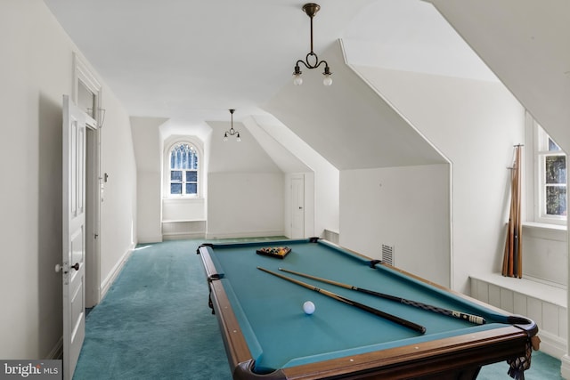 playroom featuring dark colored carpet, pool table, and vaulted ceiling