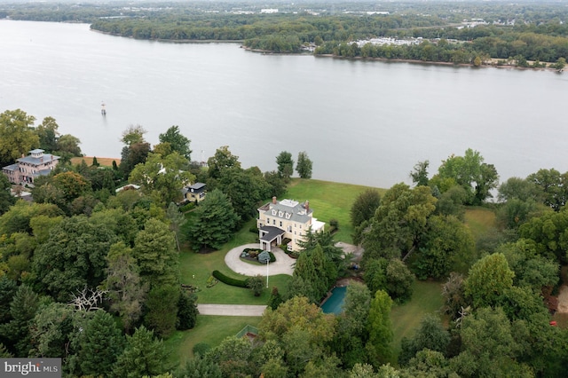 birds eye view of property featuring a water view