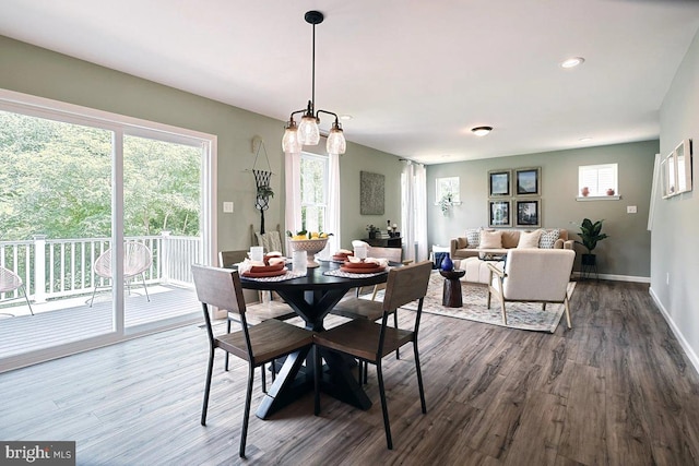 dining space with dark hardwood / wood-style flooring