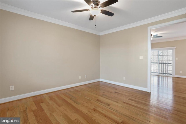 unfurnished room with ornamental molding, ceiling fan, and light hardwood / wood-style floors