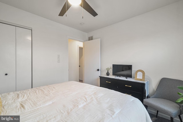 bedroom with ceiling fan and a closet