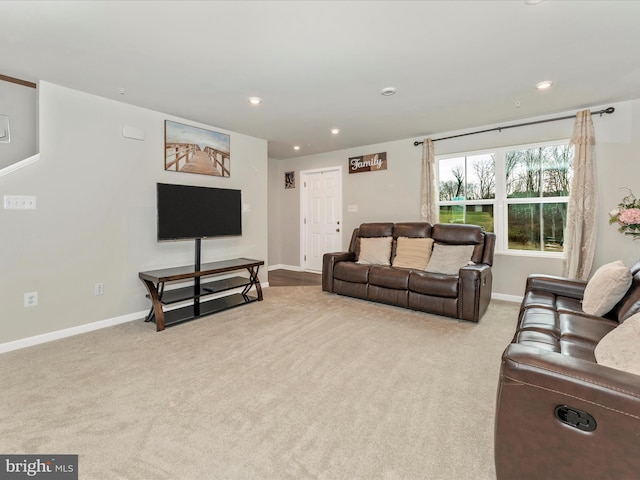 living room with light colored carpet