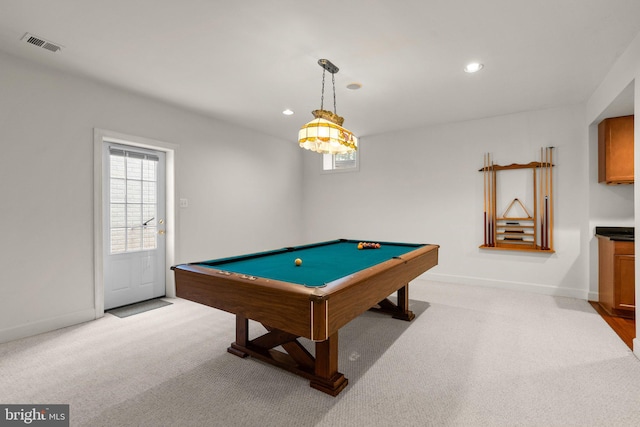 recreation room with recessed lighting, pool table, visible vents, carpet flooring, and baseboards