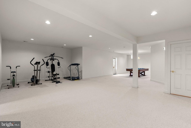 workout area featuring recessed lighting, pool table, and baseboards