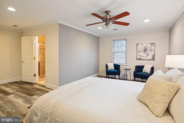 bedroom featuring hardwood / wood-style floors, ensuite bath, ceiling fan, and crown molding