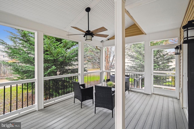 sunroom / solarium with ceiling fan and lofted ceiling