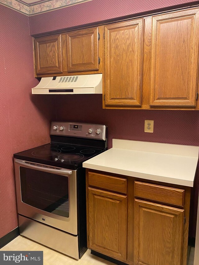 kitchen with stainless steel electric stove and ventilation hood