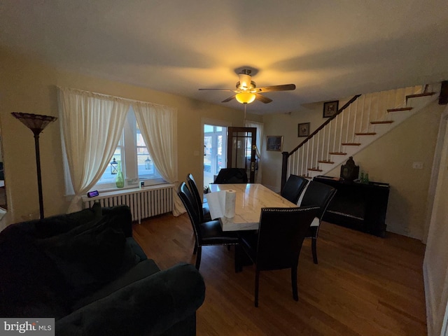 dining area with ceiling fan, radiator heating unit, and hardwood / wood-style floors