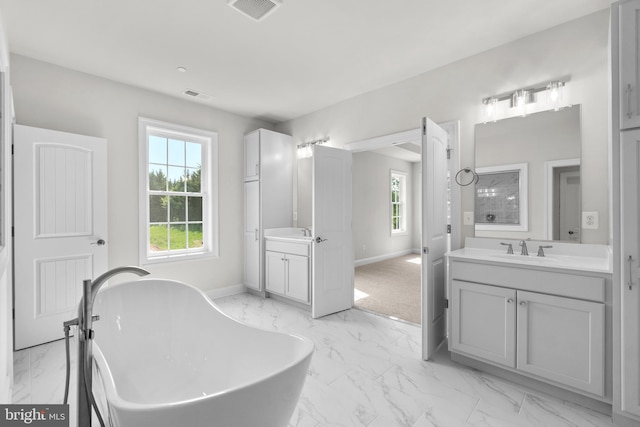 bathroom with a washtub and vanity