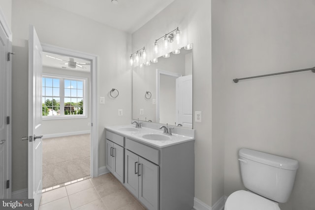 bathroom with ceiling fan, tile patterned flooring, vanity, and toilet