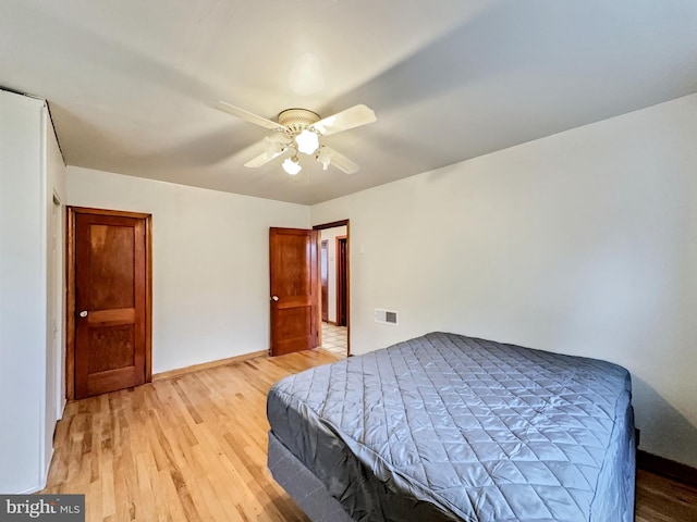 bedroom featuring ceiling fan and light wood-type flooring