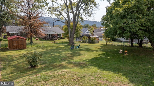 view of yard with a mountain view and a storage unit