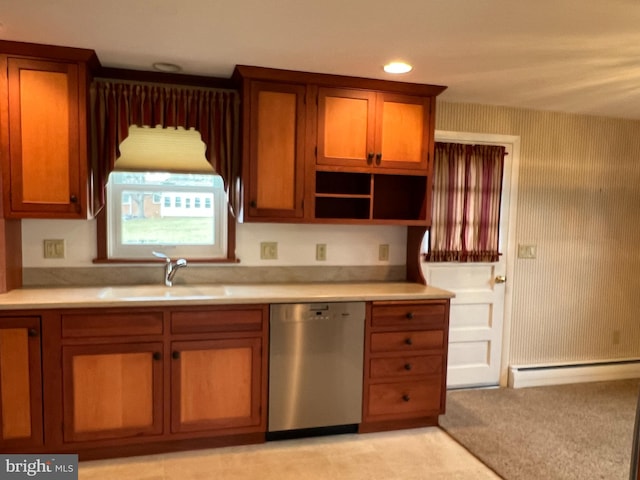 kitchen with dishwasher, a baseboard heating unit, and sink