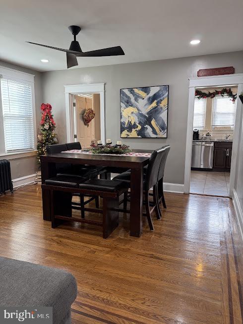 dining space featuring ceiling fan, radiator heating unit, and wood-type flooring