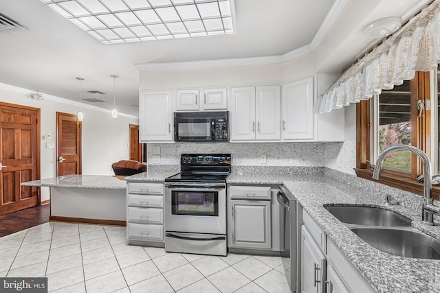 kitchen featuring white cabinetry, sink, ornamental molding, and appliances with stainless steel finishes