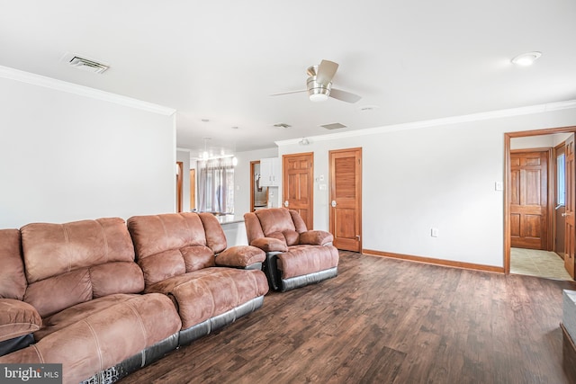 living room with wood-type flooring, ceiling fan, and crown molding