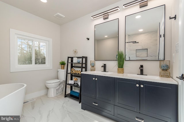 full bathroom with vanity, toilet, and separate shower and tub