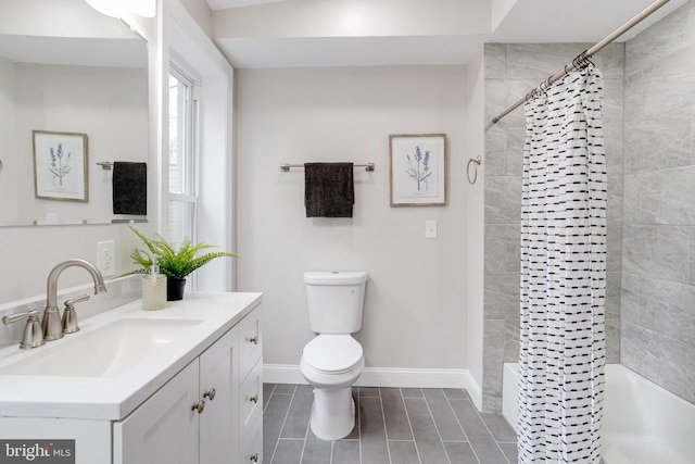 full bathroom with shower / bathtub combination with curtain, tile patterned flooring, vanity, and toilet