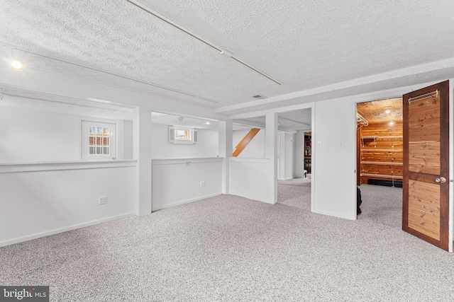 basement with carpet and a textured ceiling