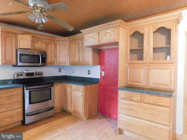 kitchen featuring appliances with stainless steel finishes, light wood-type flooring, ceiling fan, and wooden ceiling