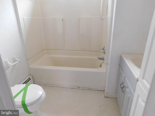 full bathroom with vanity, toilet, bathtub / shower combination, and a baseboard radiator