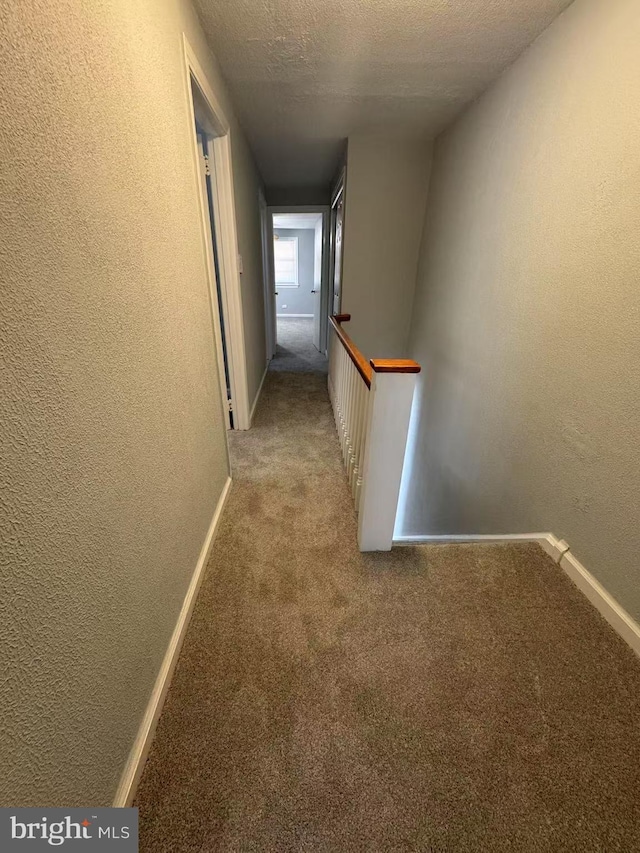 corridor with carpet and a textured ceiling