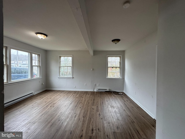 spare room with plenty of natural light, beamed ceiling, wood-type flooring, and a baseboard heating unit