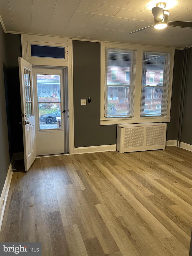 entrance foyer featuring radiator, a wealth of natural light, and hardwood / wood-style flooring