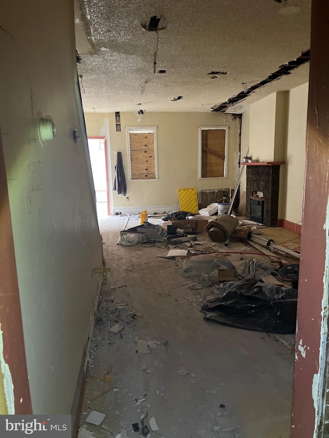 miscellaneous room featuring a fireplace and a textured ceiling