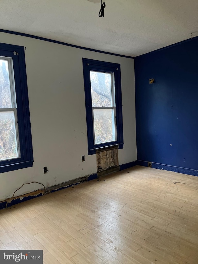 unfurnished room featuring ornamental molding, light wood-type flooring, a textured ceiling, and a healthy amount of sunlight