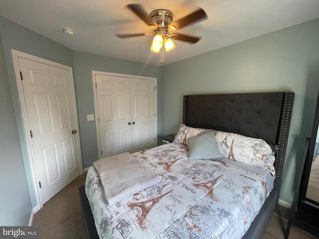 bedroom with ceiling fan, dark carpet, and a closet