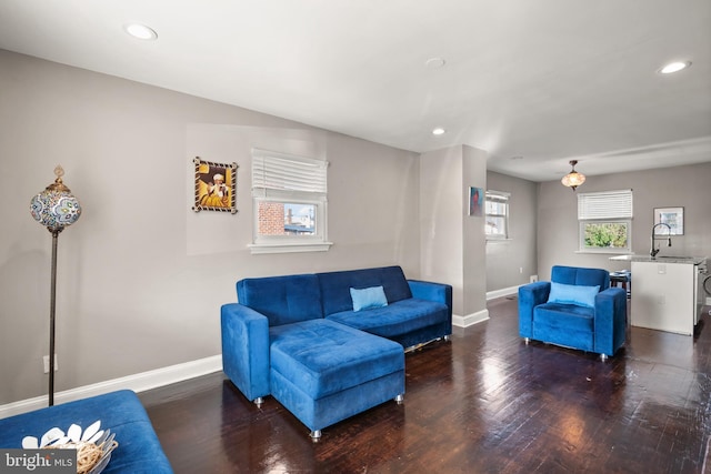 living room featuring dark wood-type flooring and sink