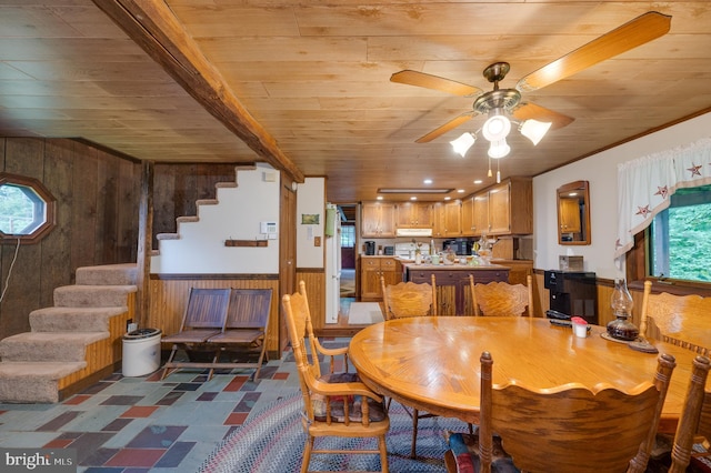 dining area with ceiling fan, wooden ceiling, and wood walls