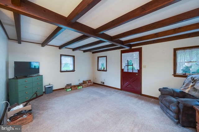 living room featuring beam ceiling and carpet