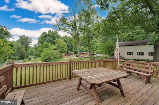 wooden deck featuring a yard