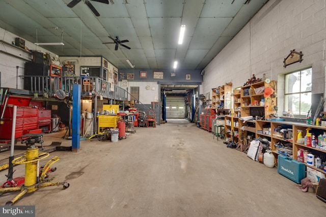 82 Quarry Rd, Birdsboro, PA 19508 - garage featuring ceiling fan and a workshop area