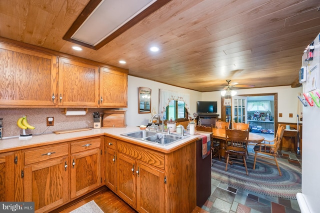 kitchen with tasteful backsplash, kitchen peninsula, a wealth of natural light, and sink