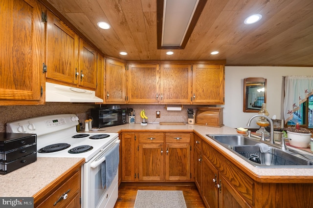 kitchen featuring wooden ceiling, dark wood-type flooring, white electric range, sink, and kitchen peninsula