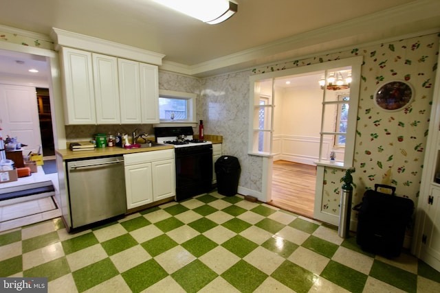 kitchen featuring stainless steel dishwasher, ornamental molding, a wealth of natural light, and gas range gas stove