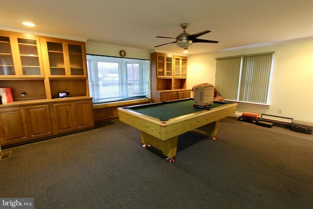 game room with ceiling fan, crown molding, dark colored carpet, a baseboard radiator, and billiards