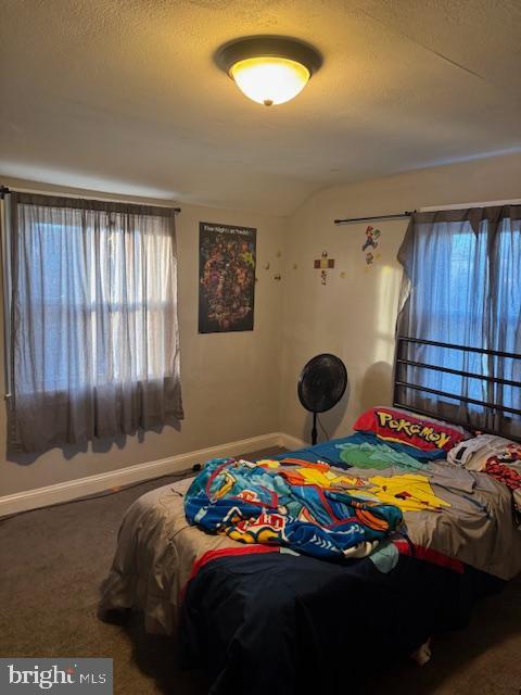 bedroom featuring a textured ceiling, carpet floors, and lofted ceiling