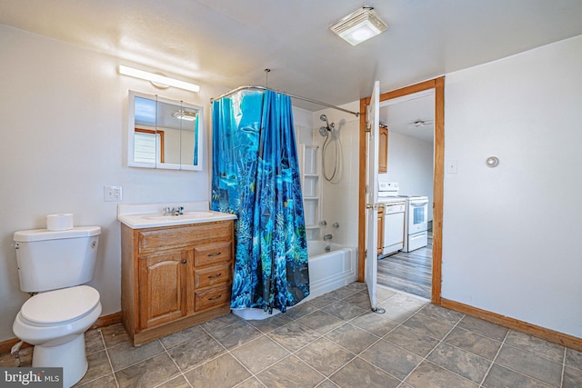 full bathroom with vanity, toilet, and shower / bath combo with shower curtain