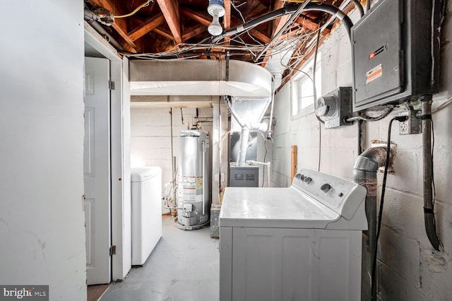 washroom with electric panel, water heater, and separate washer and dryer