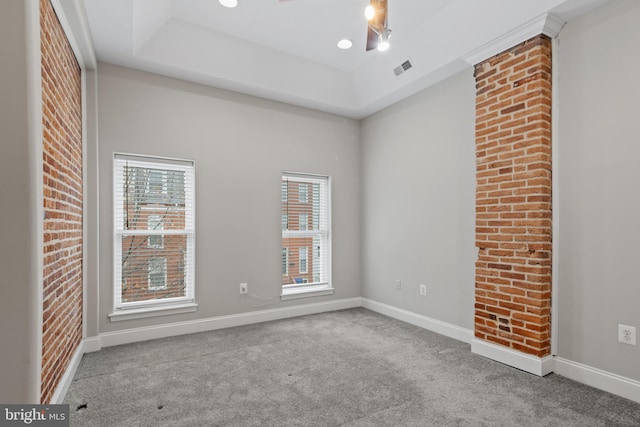 empty room with a raised ceiling, plenty of natural light, and light colored carpet