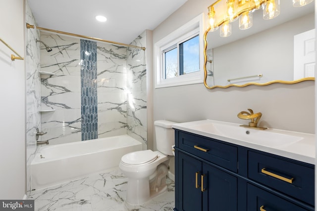 full bathroom with vanity, shower / bath combo, and toilet