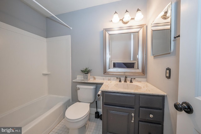 full bathroom with shower / tub combination, tile patterned floors, vanity, and toilet