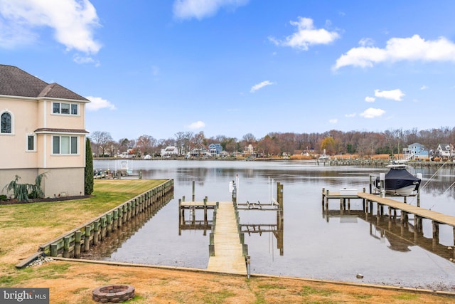 dock area featuring a water view and an outdoor fire pit