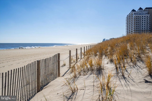 view of water feature featuring a beach view