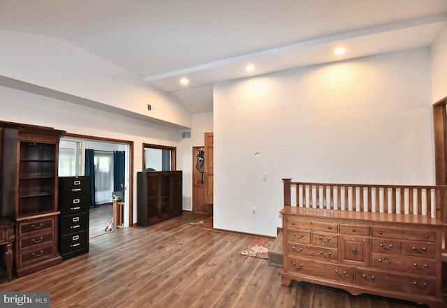 interior space featuring dark wood-type flooring and lofted ceiling